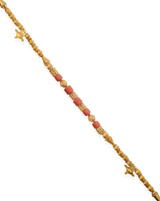 Lot 2056 - A Fancy Link Coral Necklace, the box link chain with movable yellow faceted and beaded links...
