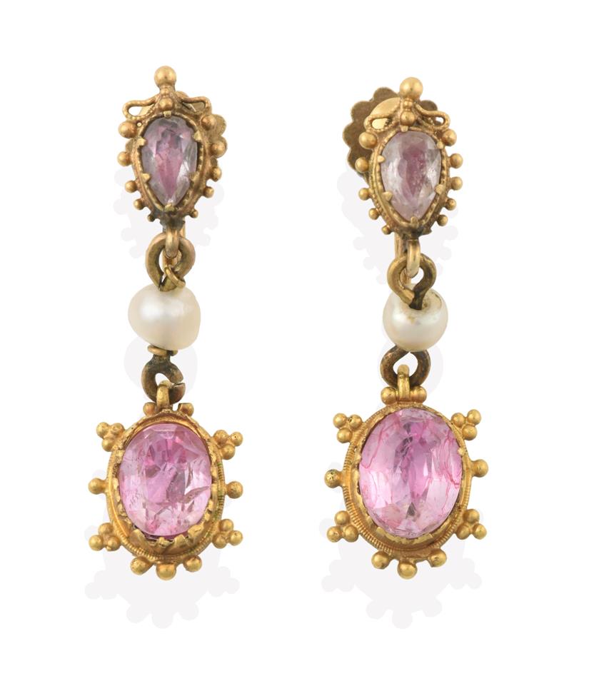 Lot 2057 - A Pair of Early 19th Century Pink Tourmaline and Seed Pearl Drop Earrings, the oval cut pink...