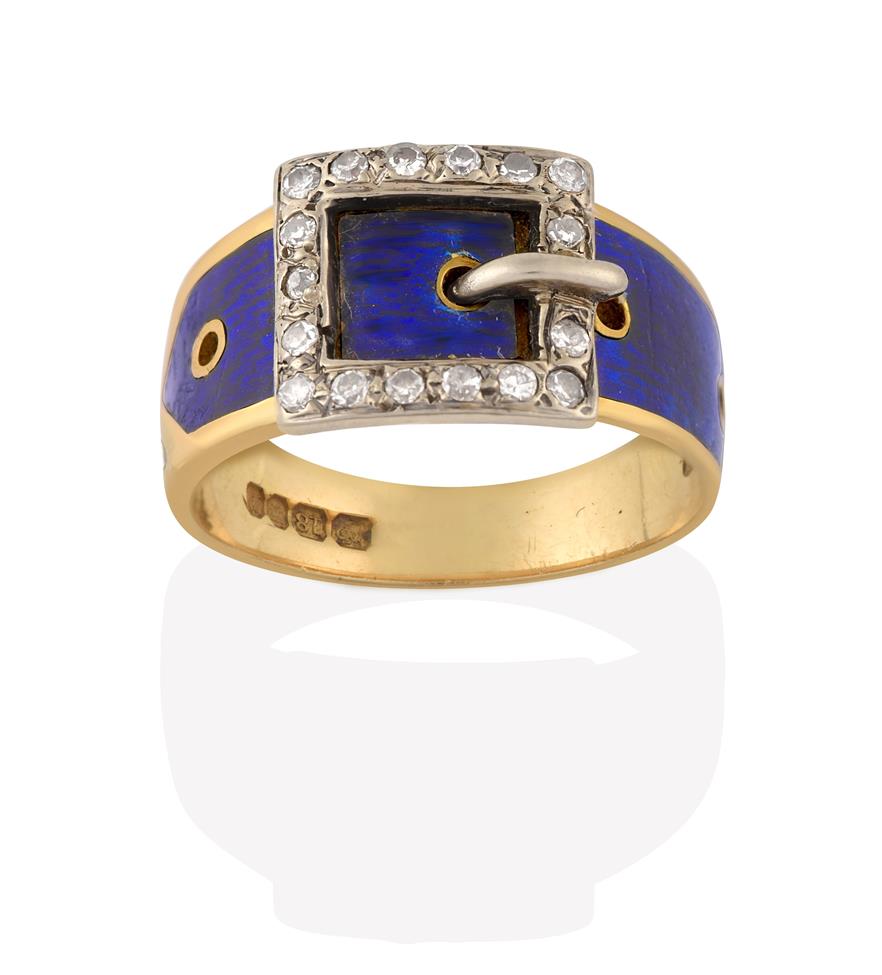 Lot 2063 - An 18 Carat Gold Edwardian Enamel and Diamond Belt and Buckle Ring, decorated in blue guilloche...
