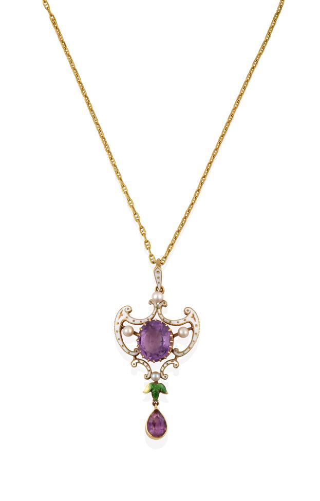 Lot 2067 - An Edwardian Suffragette Amethyst, Pearl and Enamel Pendant on Chain, of openwork scroll design, an