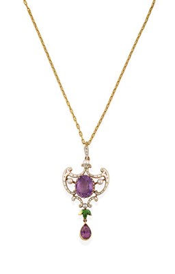 Lot 2067 - An Edwardian Suffragette Amethyst, Pearl and Enamel Pendant on Chain, of openwork scroll design, an