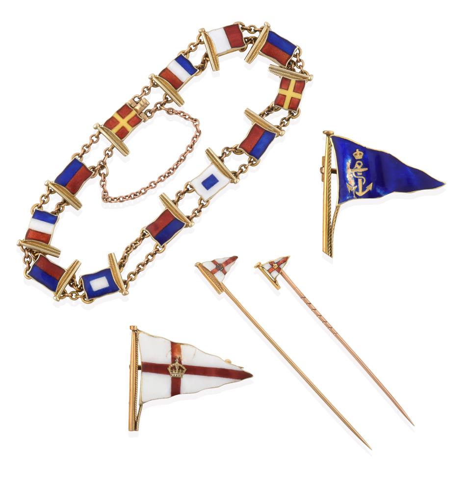 Lot 2068 - A 9 Carat Gold Enamel Maritime Signal Flag Bracelet, by Benzie, the double chain linking...