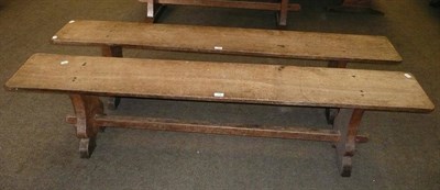 Lot 1698 - A Pair of Martin "Lizardman" Dutton Oak 6' Benches, each with shaped supports joined by a...