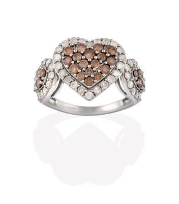 Lot 2108 - A 9 Carat White Gold Diamond Cluster Ring, the heart motif with round brilliant cut cognac diamonds