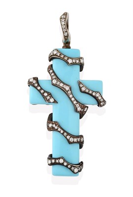 Lot 2110 - A Turquoise Coloured Glass and Diamond Cross Pendant, by Gavello, the turquoise coloured glass...