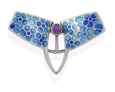 Lot 2111 - An Arts & Crafts Style Amethyst and Enamel Brooch, of abstract winged design, with a single...