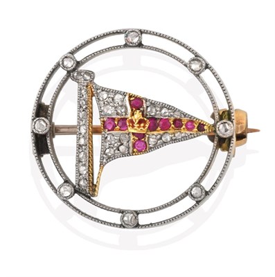 Lot 2113 - An Edwardian Diamond and Ruby Brooch, of yachting interest, the circular openwork frame with a flag