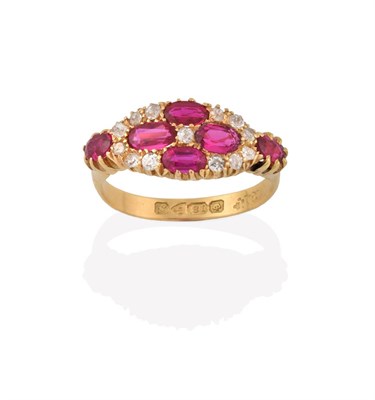 Lot 2124 - An 18 Carat Gold Synthetic Ruby and Diamond Cluster Ring, four oval cut synthetic rubies with...