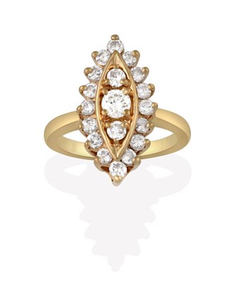Lot 2132 - A Diamond Ring, the navette form set throughout with round brilliant cut diamonds, in yellow...