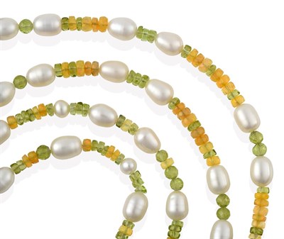 Lot 2141 - A Multi-Gemstone Bead Necklace, cultured pearls spaced by opal and peridot beads, length 95cm...