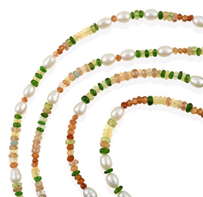 Lot 2143 - A Multi-Gemstone Bead Necklace, cultured pearls spaced by chrome diopside, fire opal, opal,...
