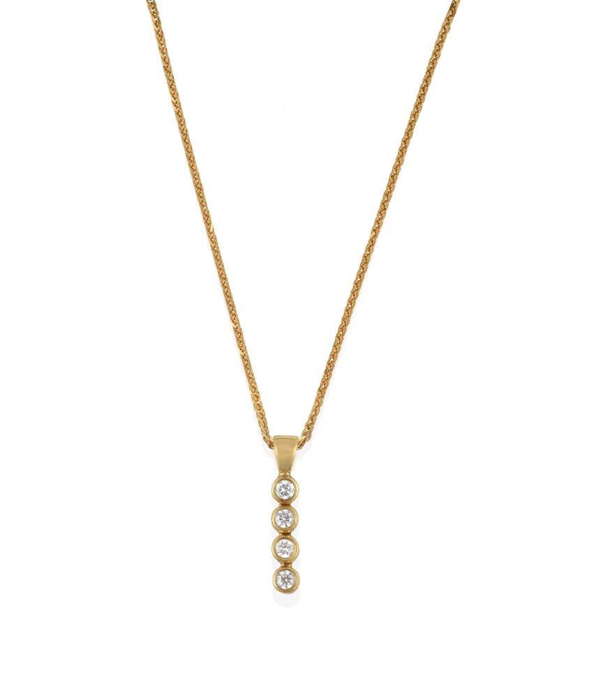 Lot 2156 - A Diamond Pendant on Chain, four articulated round brilliant cut diamonds in yellow rubbed over...