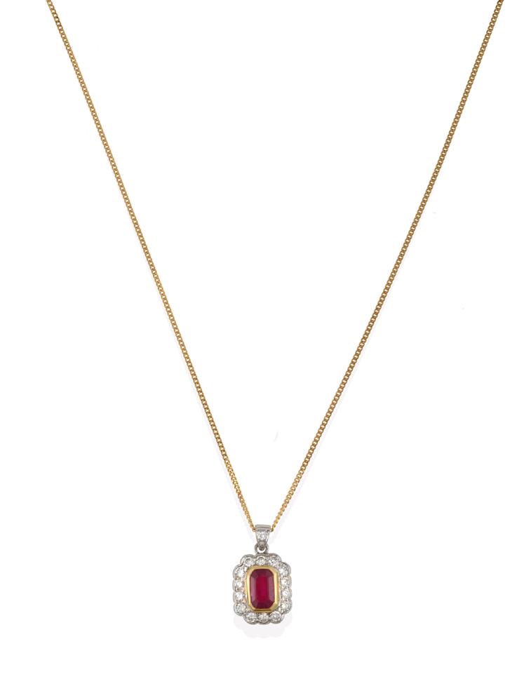 Lot 2158 - An 18 Carat Gold Synthetic Ruby and Diamond Cluster Pendant on Chain, the emerald-cut synthetic...