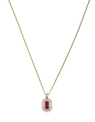 Lot 2158 - An 18 Carat Gold Synthetic Ruby and Diamond Cluster Pendant on Chain, the emerald-cut synthetic...
