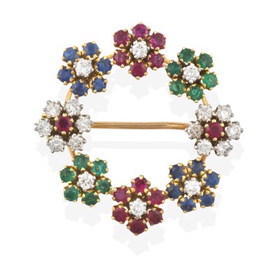 Lot 2164 - A Sapphire, Ruby, Emerald and Diamond Brooch, six round cut sapphire, ruby and emerald clusters...