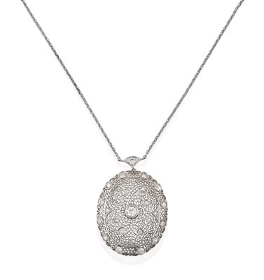 Lot 2175 - A Diamond Pendant Necklace, the white oval filigree pendant set throughout with round brilliant cut