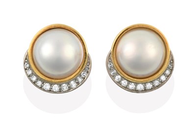 Lot 2181 - A Pair of 18 Carat Gold Mabe Pearl and Diamond Earrings, the large round mabe pearl in yellow...