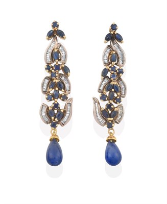 Lot 2183 - A Pair of Sapphire and Diamond Drop Earrings, each graduated drop set throughout with round cut and