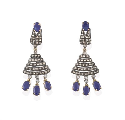 Lot 2197 - A Pair of Sapphire and Diamond Drop Earrings, five graduated rows of rose cut diamonds suspend...