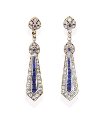 Lot 2199 - A Pair of 18 Carat Gold Sapphire and Diamond Drop Earrings, a kite shape formed of a line of...