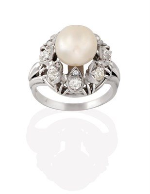 Lot 2201 - A Cultured Pearl and Diamond Cluster Ring, the cultured pearl within a spaced double border of...