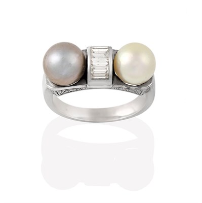 Lot 2206 - A Cultured Pearl and Diamond Ring, a line of six channel set baguette cut diamonds flanked by a...