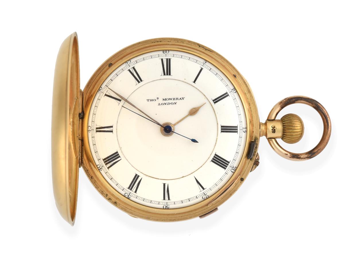 Lot 2217 - An 18 Carat Gold Full Hunter Chronograph Pocket Watch, signed Thos Mowbray, London, 1907, lever...