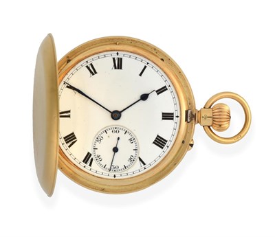 Lot 2222 - An 18 Carat Gold Full Hunter Pocket Watch, 1929, lever movement, enamel dial with Roman...