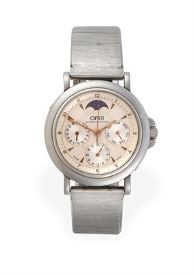 Lot 2229 - A Stainless Steel Automatic Calendar Wristwatch with Moonphase and 24-hour displays, signed...