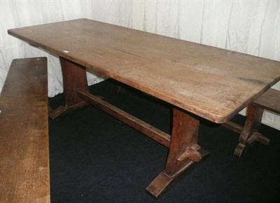 Lot 1716 - A Martin "Lizardman" Dutton Oak 6' Refectory Table, on two shaped end supports joined by a...