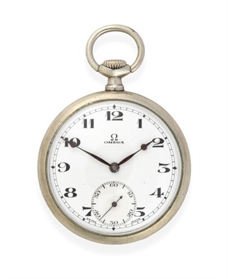 Lot 2265 - A Stainless Steel Open Faced Pocket Watch, signed Omega, circa 1934, lever movement signed and...