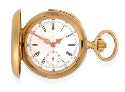 Lot 2266 - An 18 Carat Gold Full Hunter Chronograph Minute Repeating Pocket Watch, circa 1900, lever movement