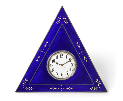 Lot 2274 - A Blue Enamel Triangular Shaped Strut Timepiece with an Interesting Engraved Inscription ''S/S...