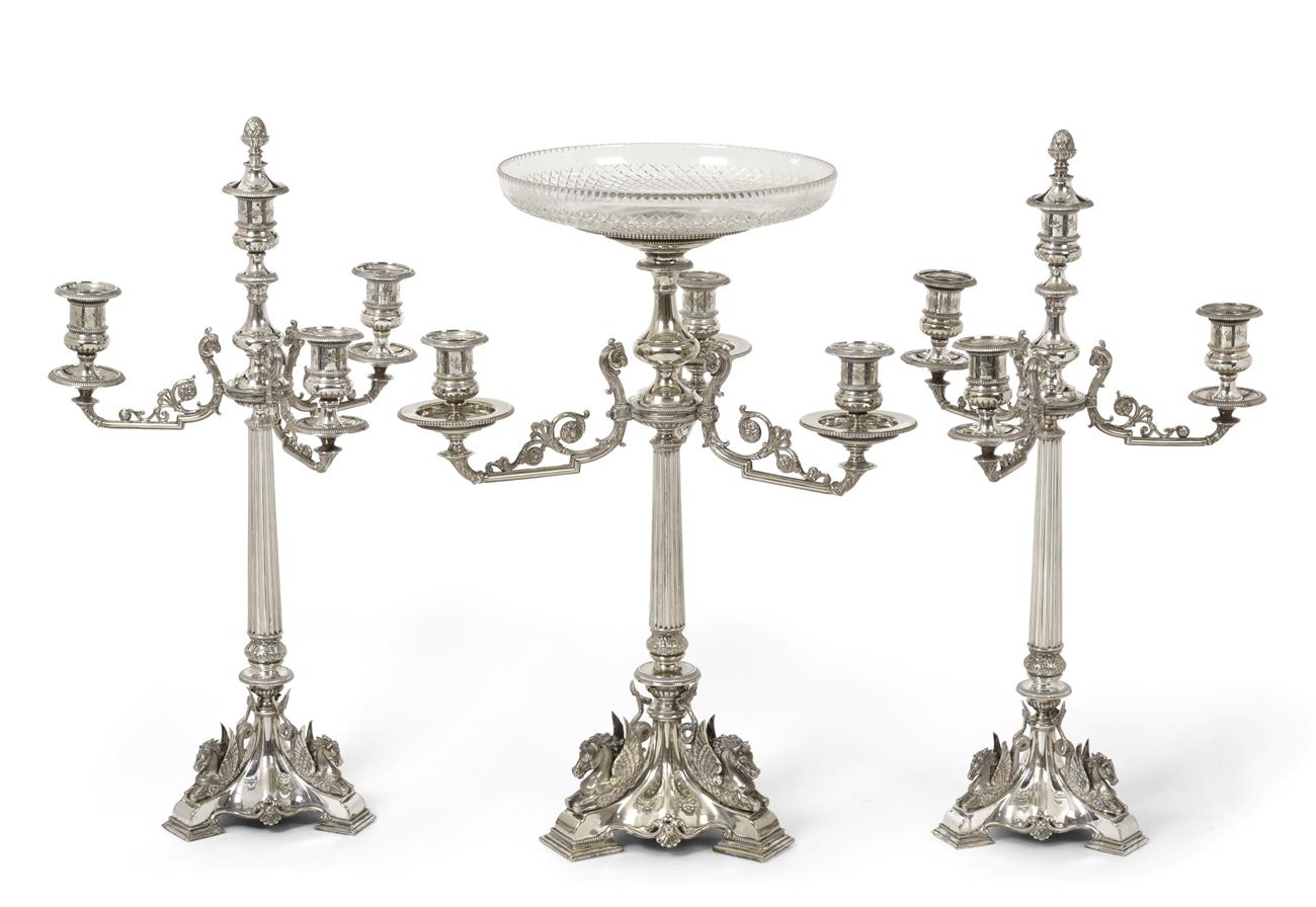 Lot 2296 - A Three-Piece Victorian Silver Plate Table-Garniture, Apparently Unmarked, Circa 1880, each...