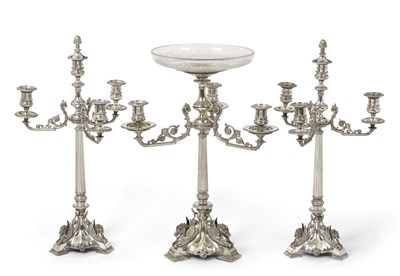 Lot 2296 - A Three-Piece Victorian Silver Plate Table-Garniture, Apparently Unmarked, Circa 1880, each...