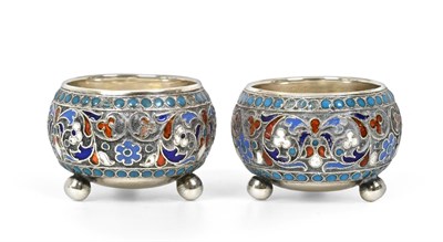 Lot 2400 - A Pair of Russian Silver and Enamel Salt-Cellars, Maker's Mark GK, Possibly For Gustav...