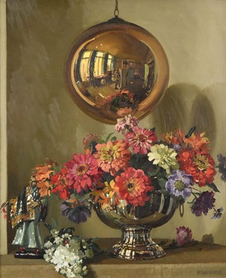 Lot 1121 - Herbert Davis Richter RI, RSW, ROI (1874-1955) ''Zinneas'' - Still life of flowers in a silver vase