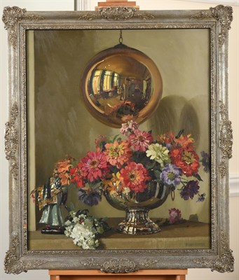 Lot 1121 - Herbert Davis Richter RI, RSW, ROI (1874-1955) ''Zinneas'' - Still life of flowers in a silver vase