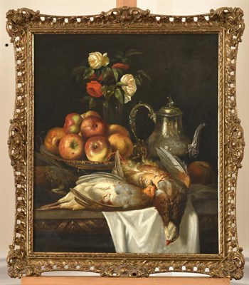 Lot 1117 - British School (19th century) Still life of mixed roses, a platter of apples, a silver tea pot...