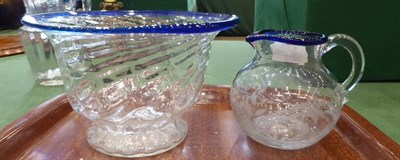 Lot 4 - A Glass Sugar Bowl, circa 1800, of wrythen fluted ogee form with blue glass rim, 8.5cm high; A...