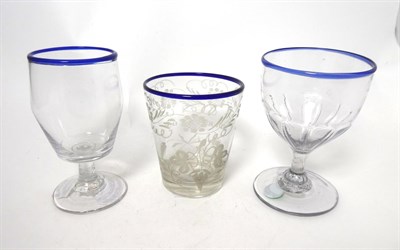 Lot 5 - A Glass Beaker, early 19th century, of bucket form with blue glass rim, inscribed ELLEN AXON...