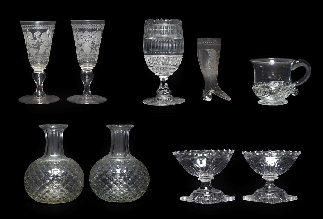 Lot 40 - A Pair of Regency Cut Glass Salts, circa 1810, of panelled boat form on lemon squeezer bases,...
