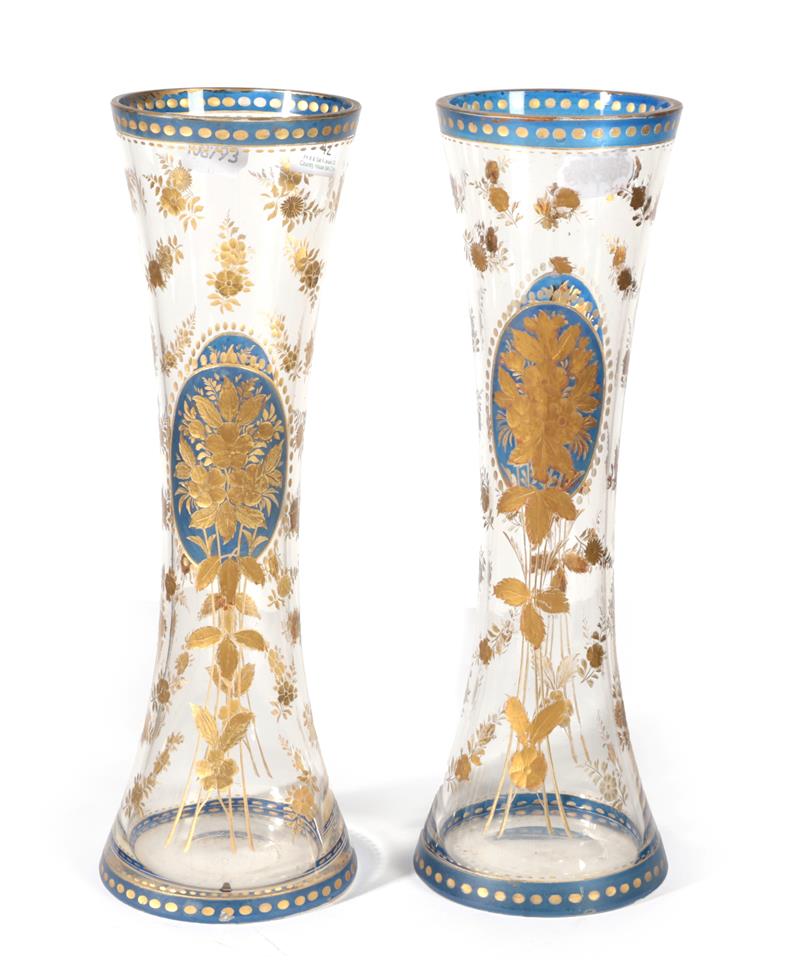Lot 42 - A Pair of Bohemian Blue Overlay Glass Vases, mid 19th century, of waisted cylindrical form,...