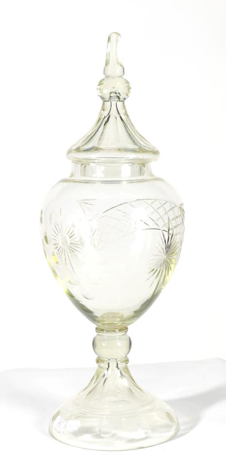 Lot 43 - An Apothecary's Glass Display Jar and Cover, late 19th/early 20th century, of ovoid form, cut...