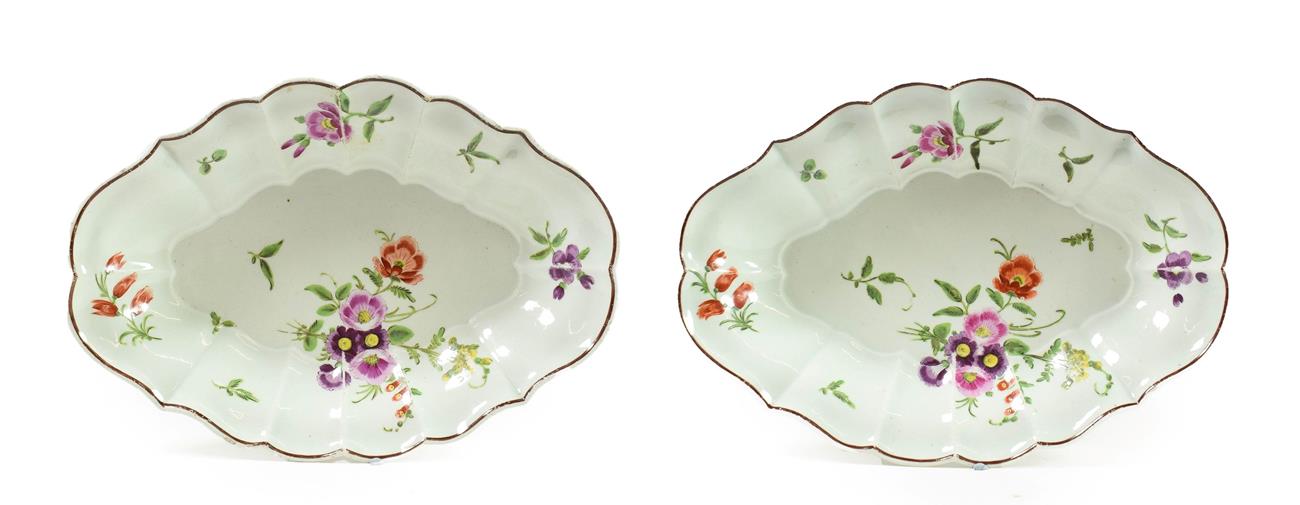 Lot 47 - A Pair of Worcester Porcelain Fluted Oval Dessert Dishes, circa 1770, painted in green and gilt...