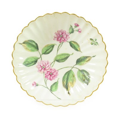 Lot 49 - A Chelsea Porcelain Botanical Fluted Saucer, circa 1755, painted with a sprays of pinks within...