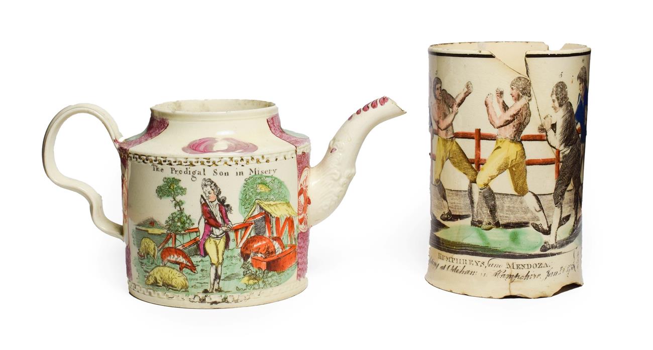 Lot 64 - A William Greatbatch Creamware Teapot, circa 1770, printed and overpainted with The Prodigal...