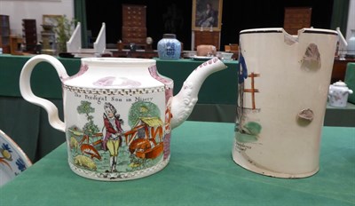 Lot 64 - A William Greatbatch Creamware Teapot, circa 1770, printed and overpainted with The Prodigal...