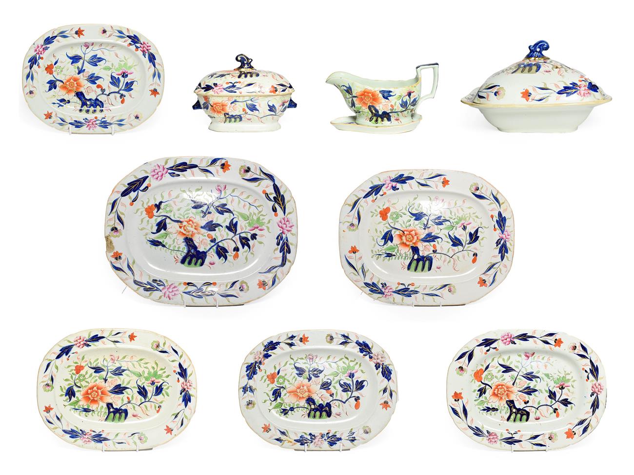 Lot 68 - A Staffordshire Ironstone Dinner Service, circa 1840, transfer printed and painted with Imari...