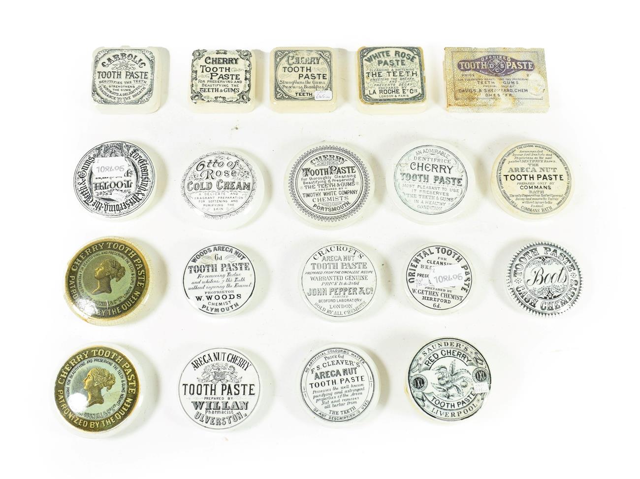 Lot 77 - A Collection of Twenty Various Toothpaste Pot Lids, 19th century, with printed labels including...